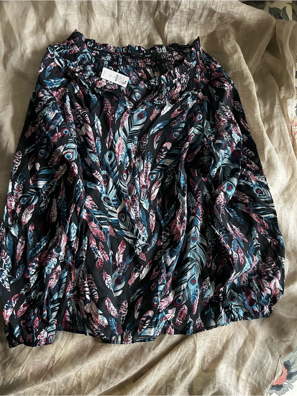 Womens Black Peasant Blouse with Blue & Pink Feather Print